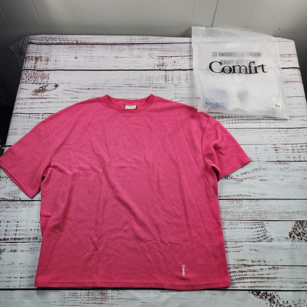 Comfrt Waffle Lounge Tee Unisex 2XL Hot Pink Oversized Cotton Knit T-Shirt. NEW - Picture 1 of 9